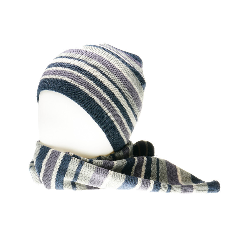 Плетен комплект шапка и шал със сиви райета за момче  36773