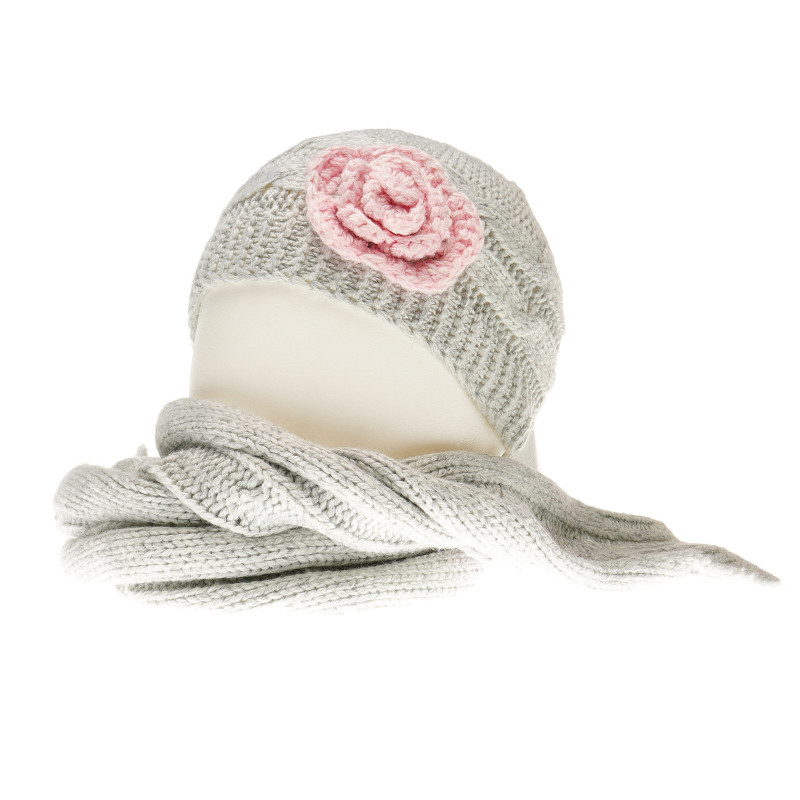 Плетен комплект шапка с роза и шал за бебе за момиче сиви  36861