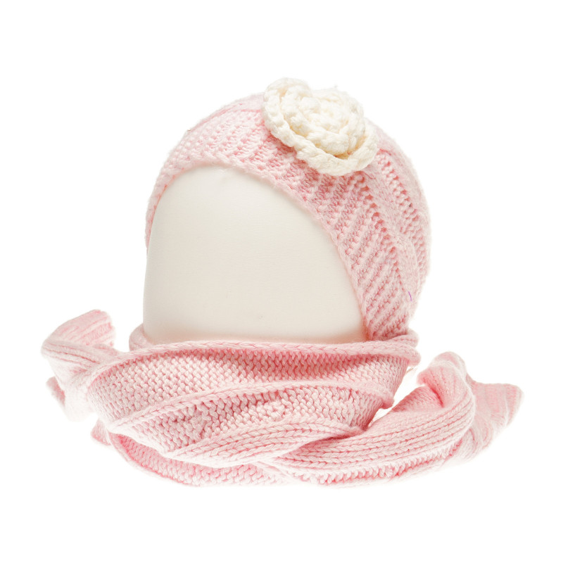 Плетен комплект шапка с роза и шал за бебе за момиче розови  36863