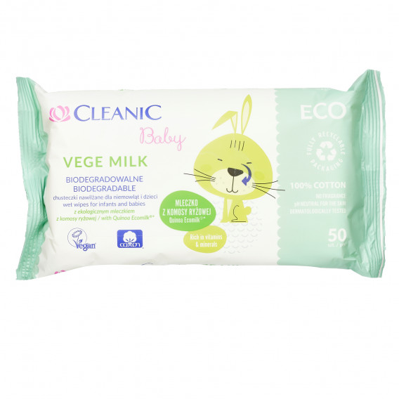 Биоразградими мокри кърпички Vege Milk, 50 бр. Cleanic 369330 