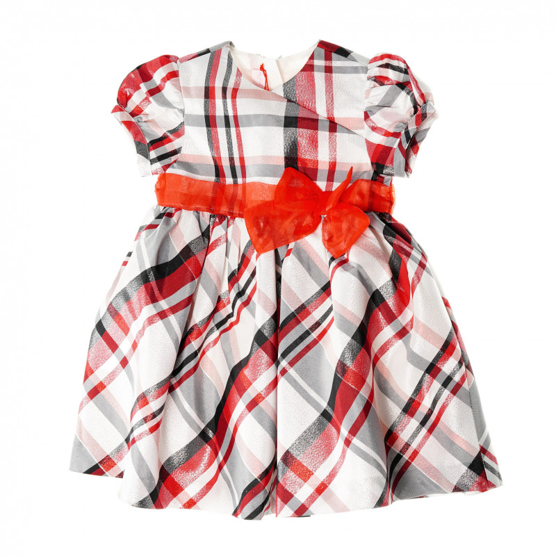Памучна рокля с къс ръкав и червена панделка за бебе  37464