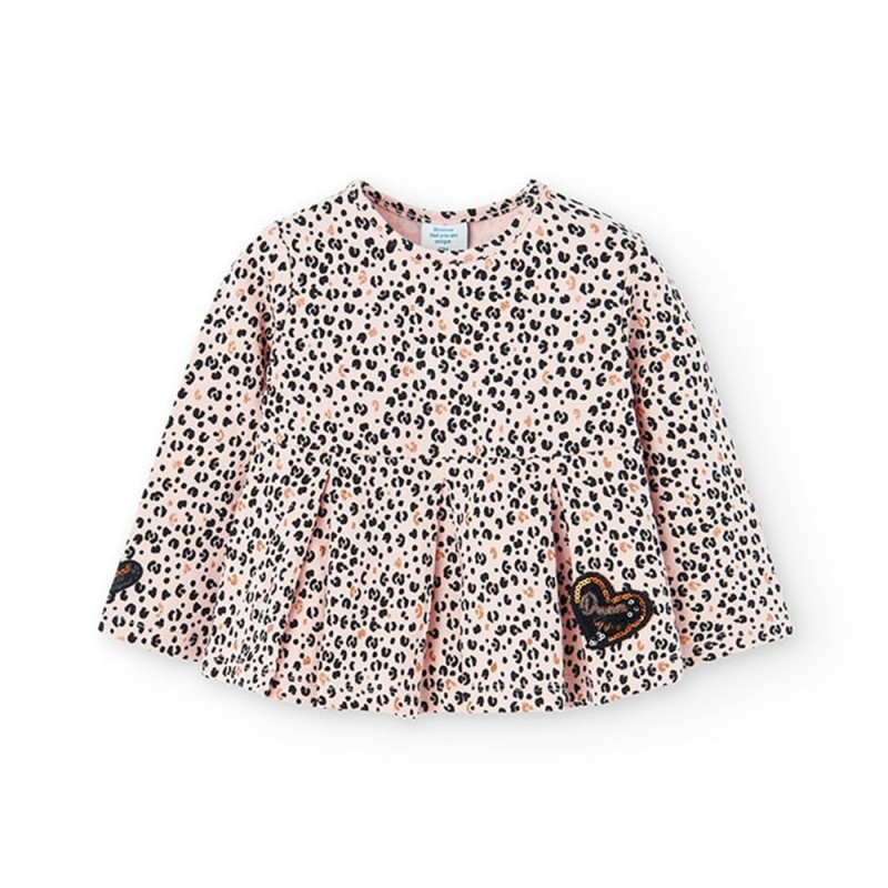 Памучна блуза с леопардов принт и къдрички за бебе, розова  374730