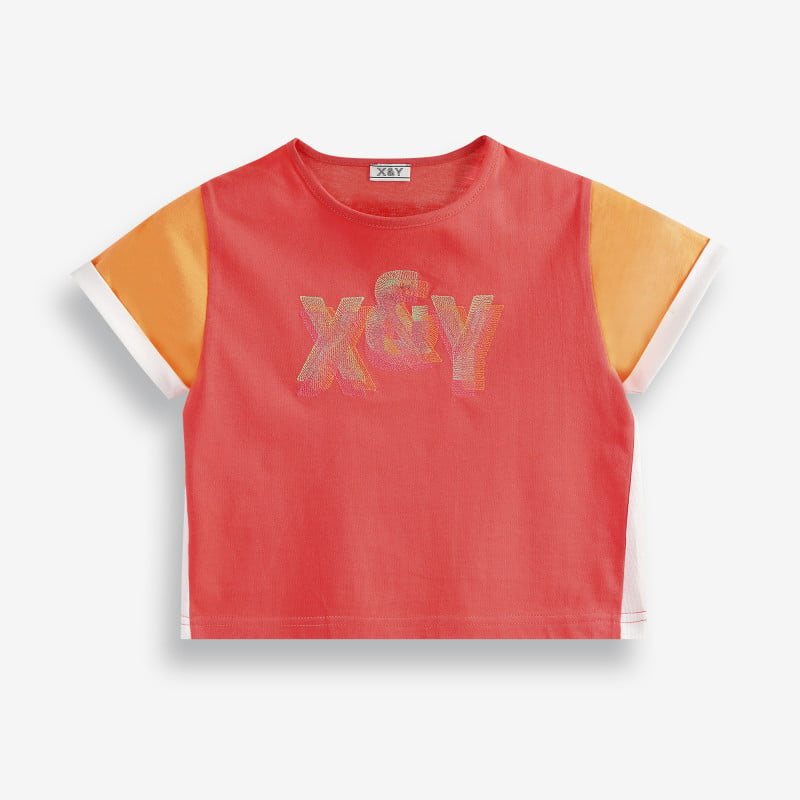 Тениска от органичен памук с оранжеви ръкави  378610
