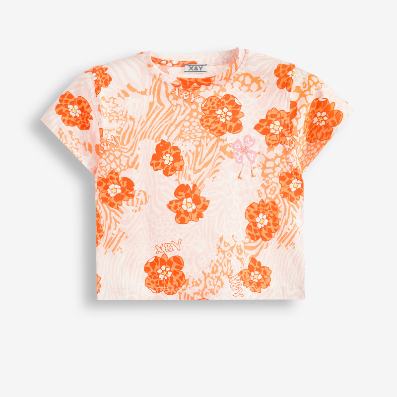 Тениска с флорален принт от органичен памук, бяла  378856