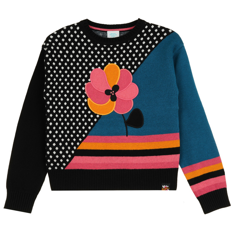 Пуловер с графичен принт и цвете, многоцветен  379146
