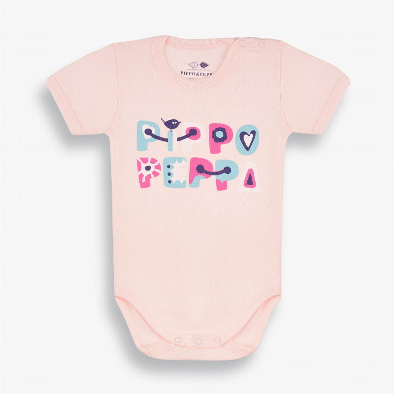 Бебешко боди с къс ръкав PIPPO&PEPPA , розово- органичен памук  381360