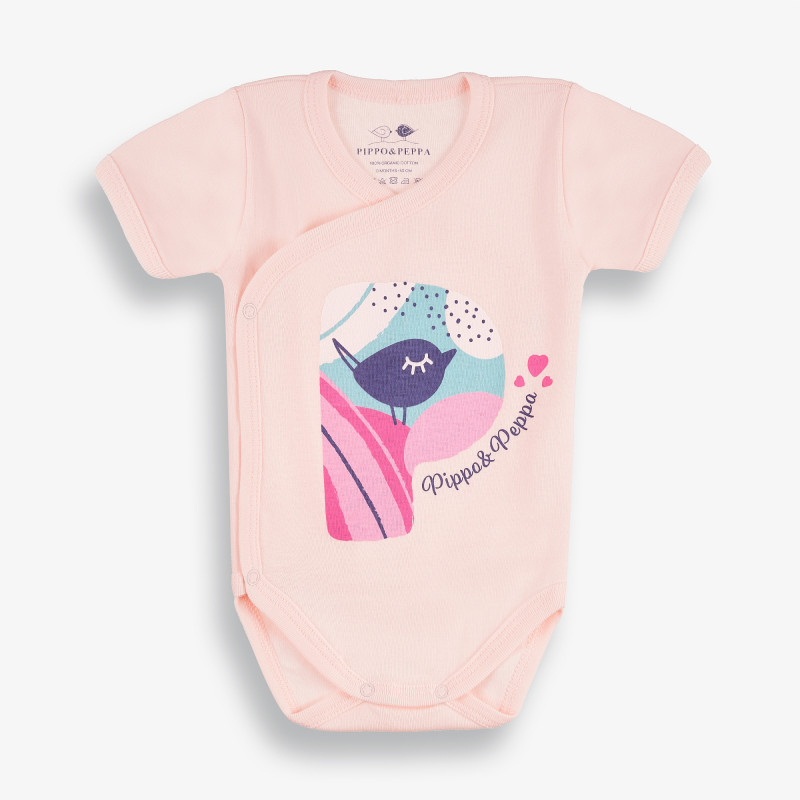 Бебешко боди с къс ръкав и цветна щампа , розово- органичен памук  381364