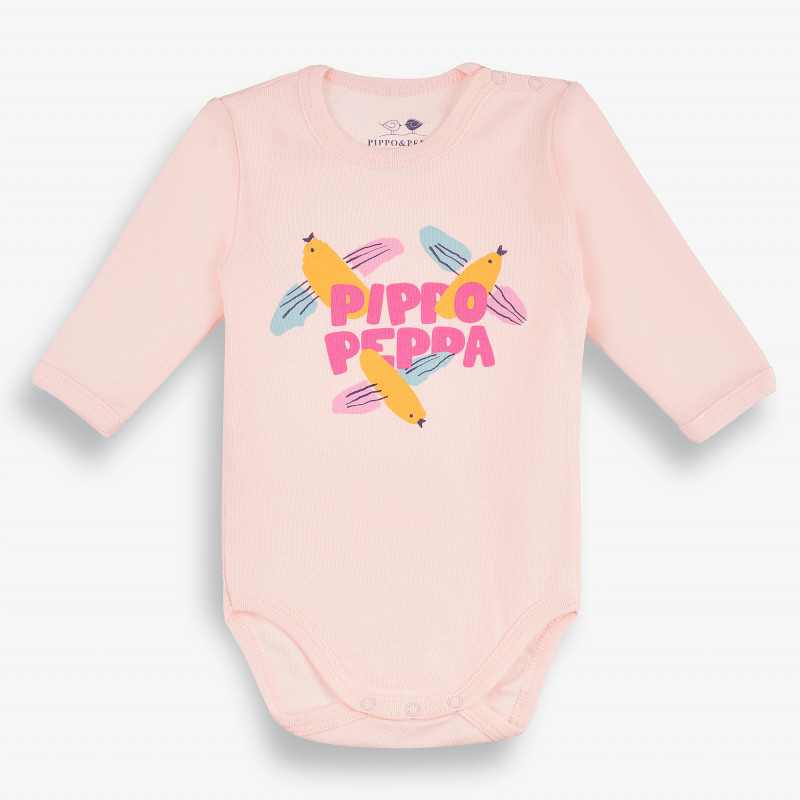 Бебешко боди с дълъг ръкав с цветна щампа на птички, розово-органичен памук  381372