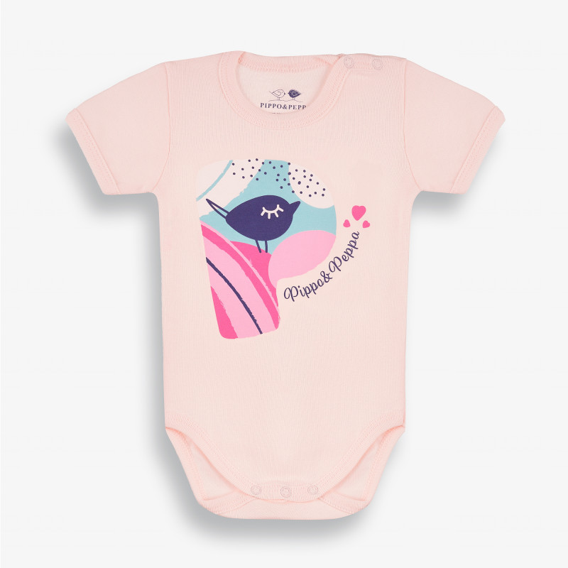 Бебешко боди с къс ръкав и пъстра щампа, розово-органичен памук  381380