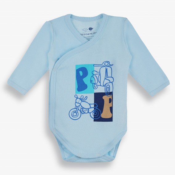 Бебешко боди с дълъг ръкав и щампа с мотор,синьо-органичен памук PIPPO&PEPPA 381418 