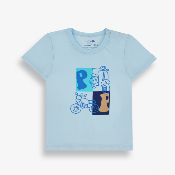 Тениска с щампа на мотори за бебе, синя-органичен памук PIPPO&PEPPA 381468 