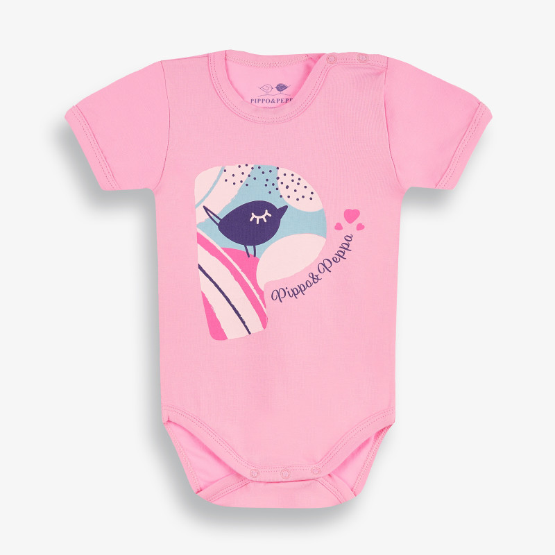 Боди с къс ръкав и пъстра щампа за бебе, розово-органичен памук  381510