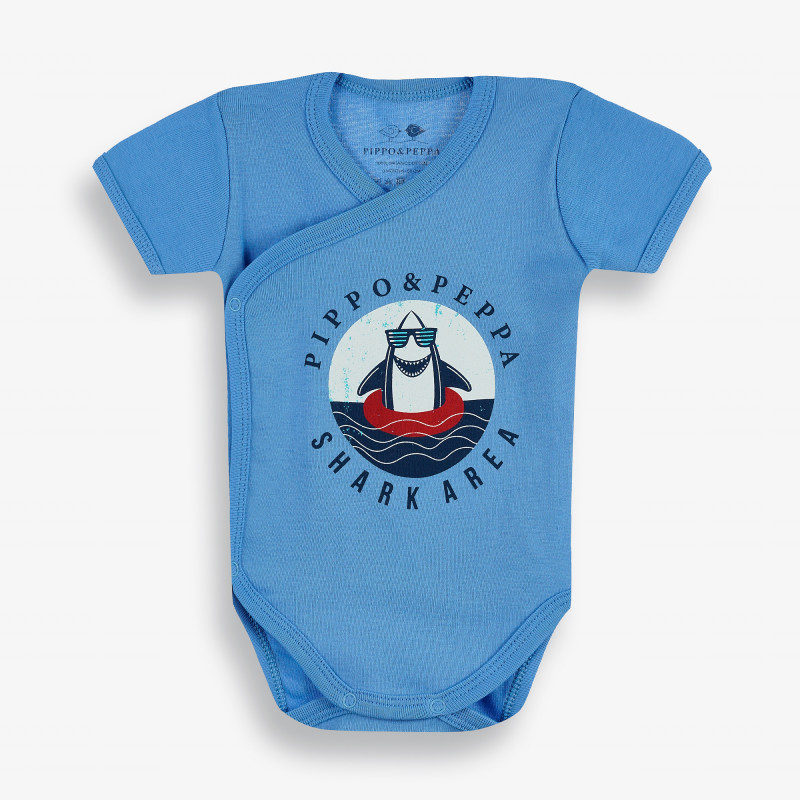 Бебешко боди с предно закопчаване Shark, синьо-органичен памук  381557