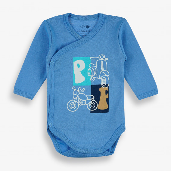 Бебешко боди с дълъг ръкав и предно закопчаване,синьо-органичен памук PIPPO&PEPPA 381565 