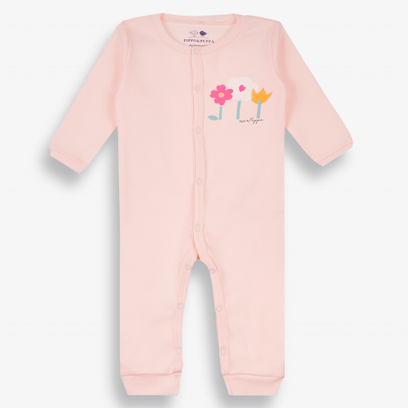 Бебешки гащеризон с дълъг ръкав и щампа на цветя, розов-органичен памук  381585