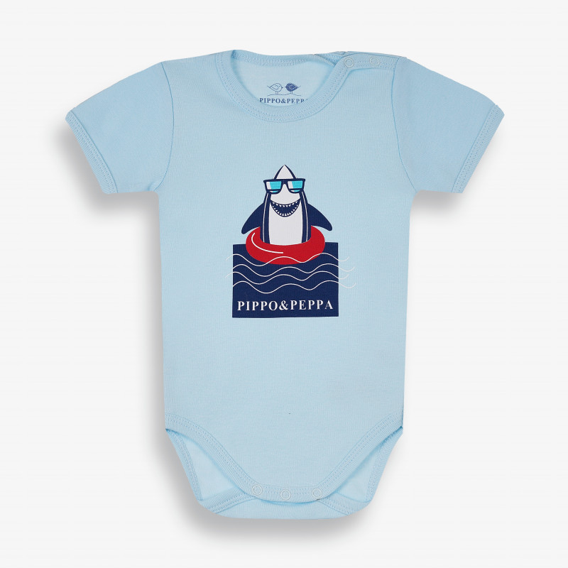 Бебешко боди с къс ръкав и щампа с морски мотиви, синьо-органичен памук  381613