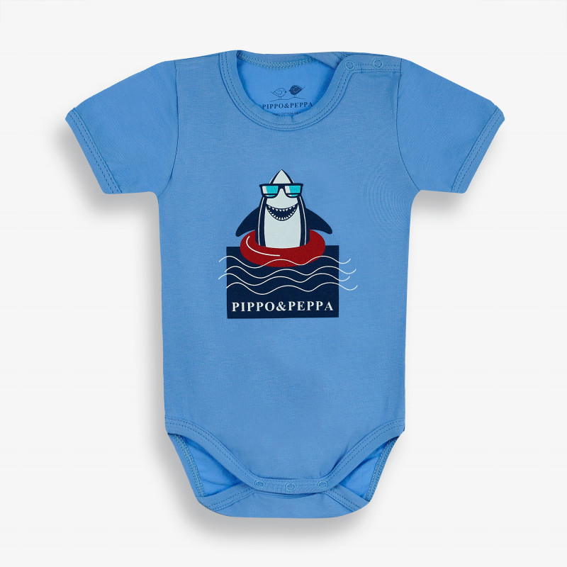 Бебешко боди с щампа на весела акула, синьо-органичен памук  381641