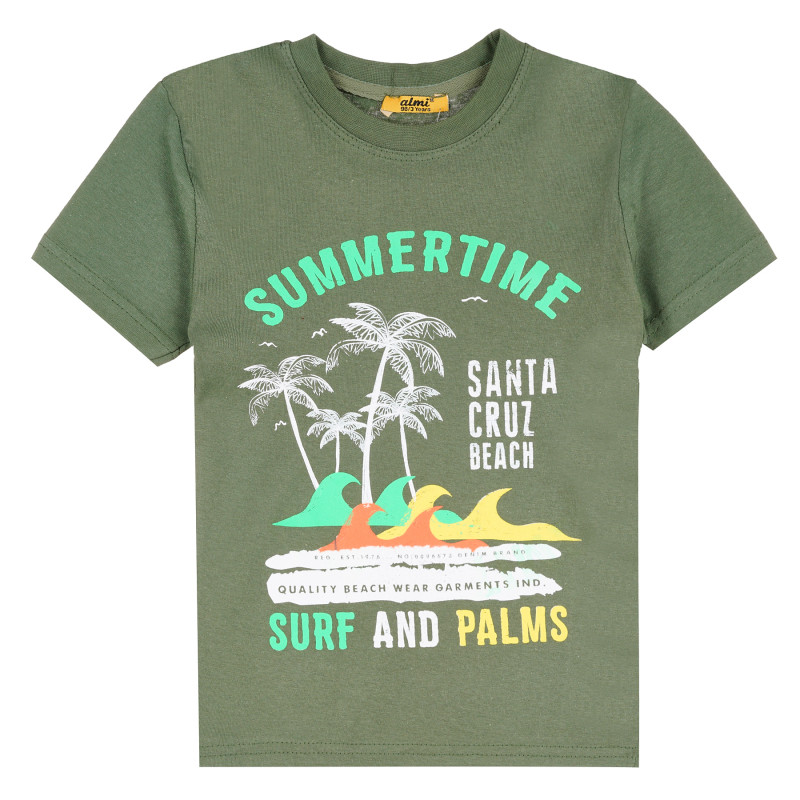 Памучна тениска с цветна щампа за момче, зелена  381795
