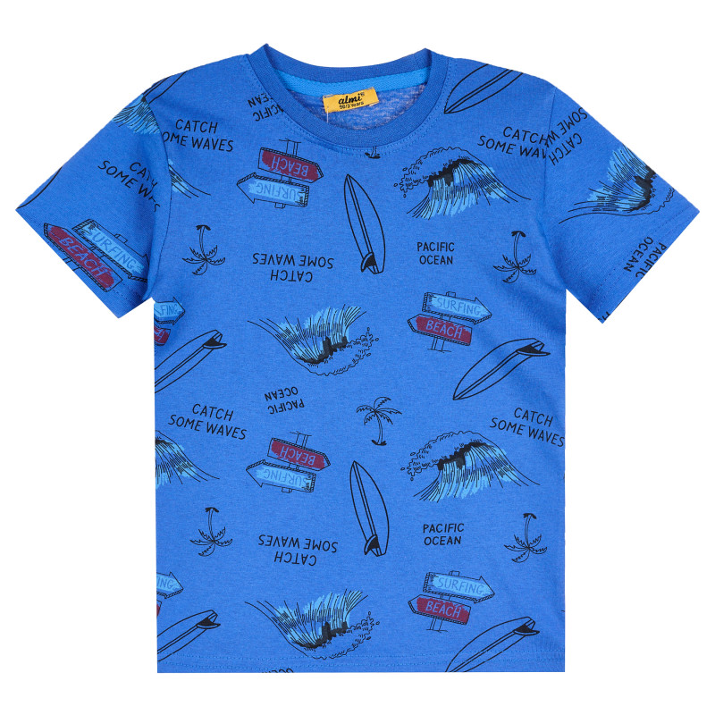 Тениска с разноцветни щампи за момче, синя  381831