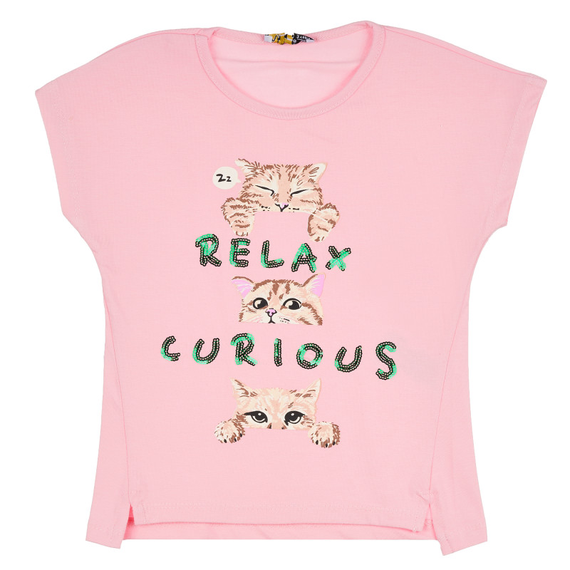 Памучна тениска с щампа на котета за момиче, розова  381879
