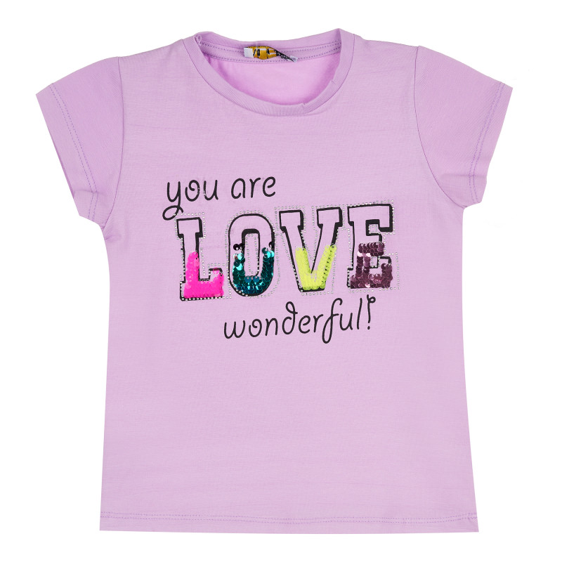 Памучна тениска с къс ръкав Love за момиче, лилава  381891