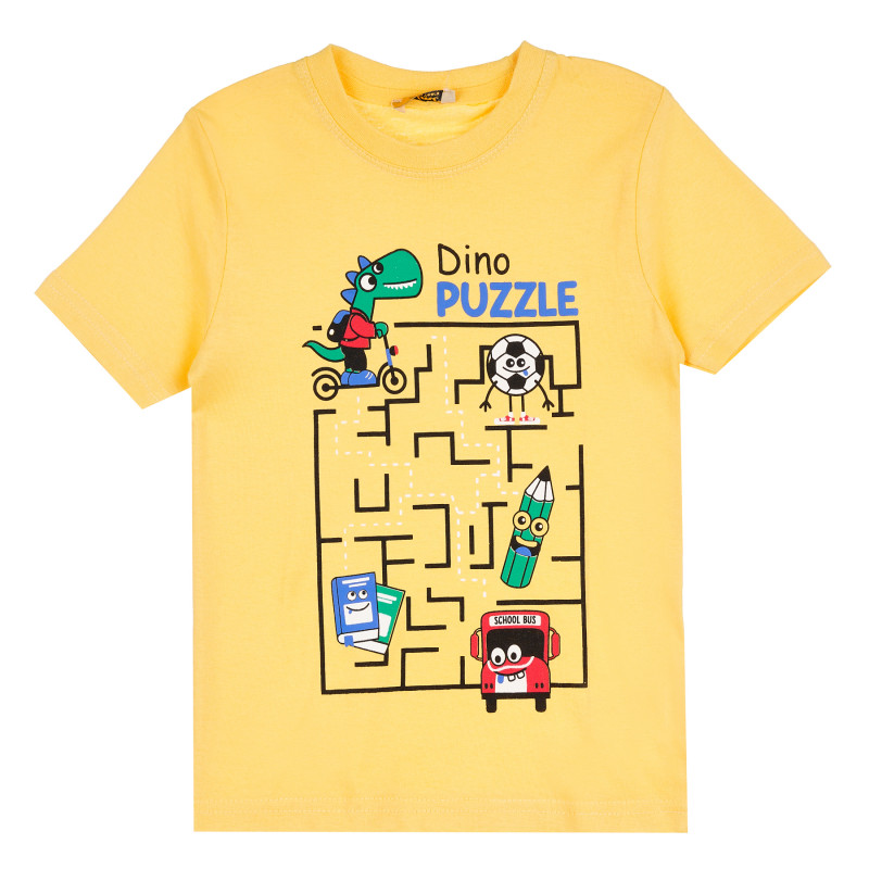 Памучна тениска с къс ръкав Dino Puzzle за момче, жълта  381983