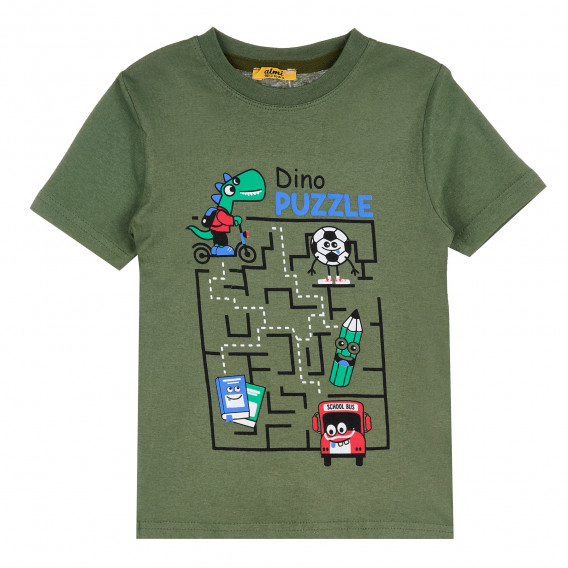 Памучна тениска с къс ръкав Dino Puzzle за момче, зелена ALG 381991 