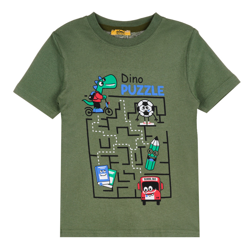 Памучна тениска с къс ръкав Dino Puzzle за момче, зелена  381991