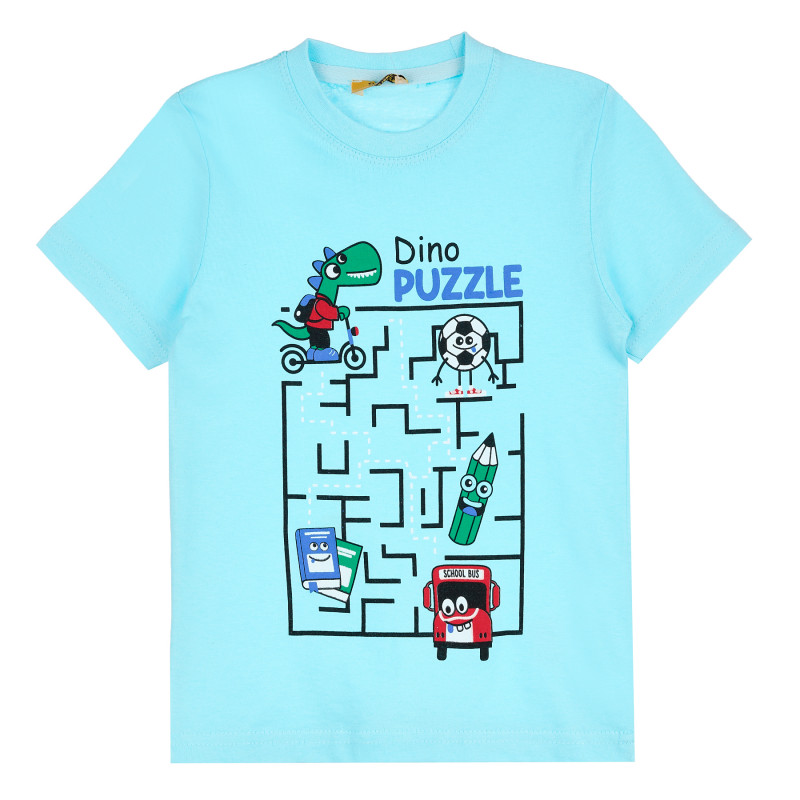 Памучна тениска с къс ръкав Dino Puzzle за момче, светло синя  381995