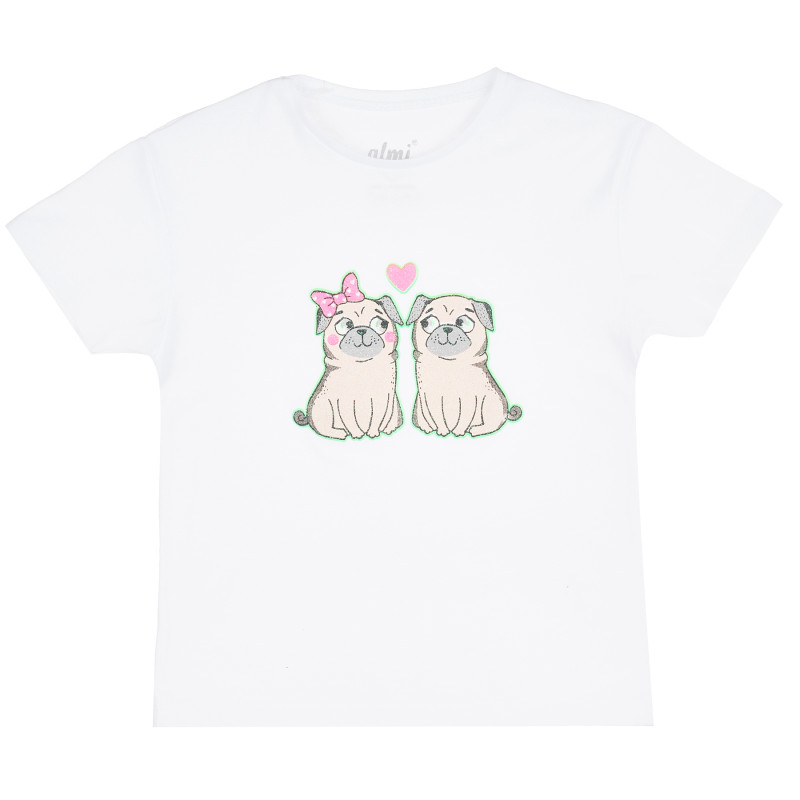 Памучна тениска с къс ръкав и щампа на кученца за момиче, бяла  382007