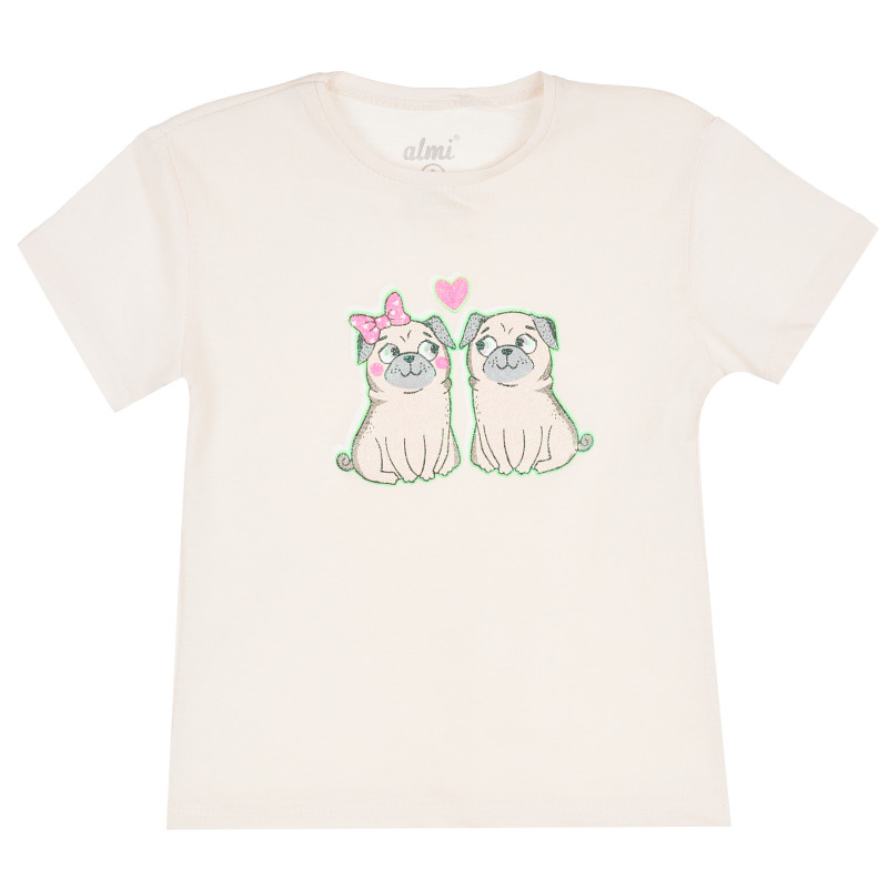 Памучна тениска с къс ръкав и щампа на кученца за момиче, бежова  382011