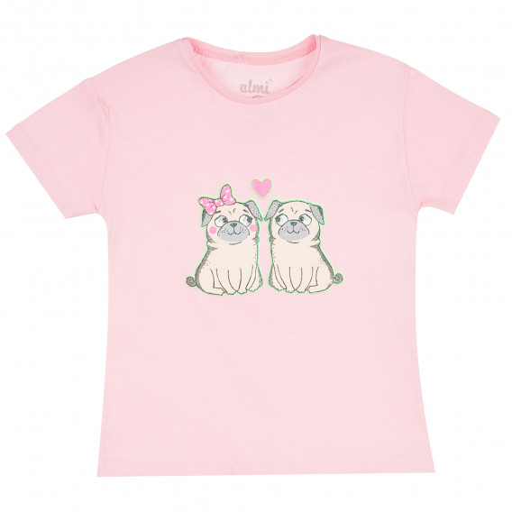 Памучна тениска с къс ръкав и щампа на кученца за момиче, розова ALG 382015 