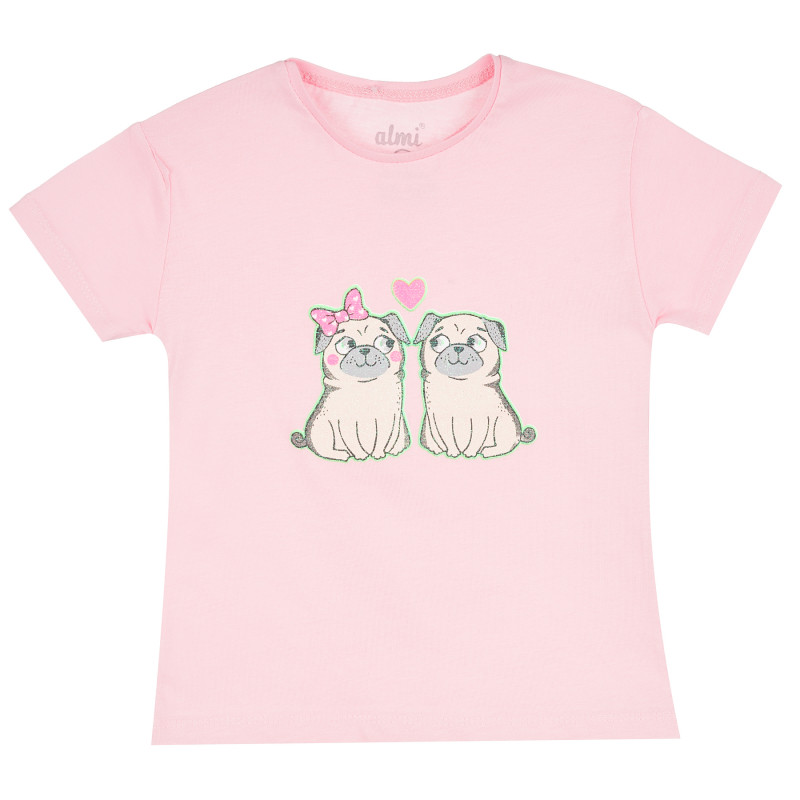 Памучна тениска с къс ръкав и щампа на кученца за момиче, розова  382015