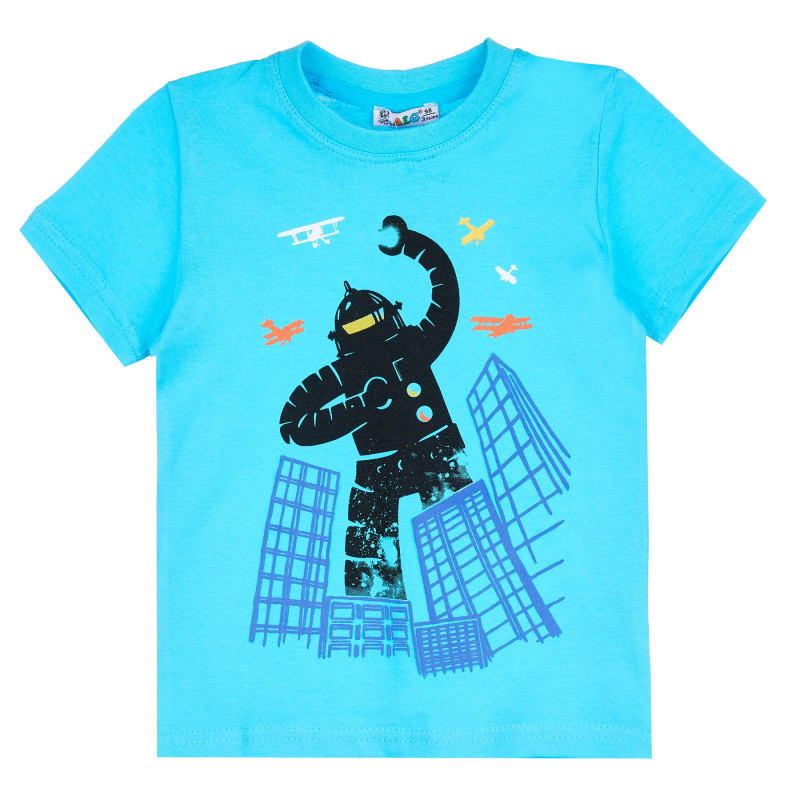 Памучна тениска с робот за момче, светло синя  382039