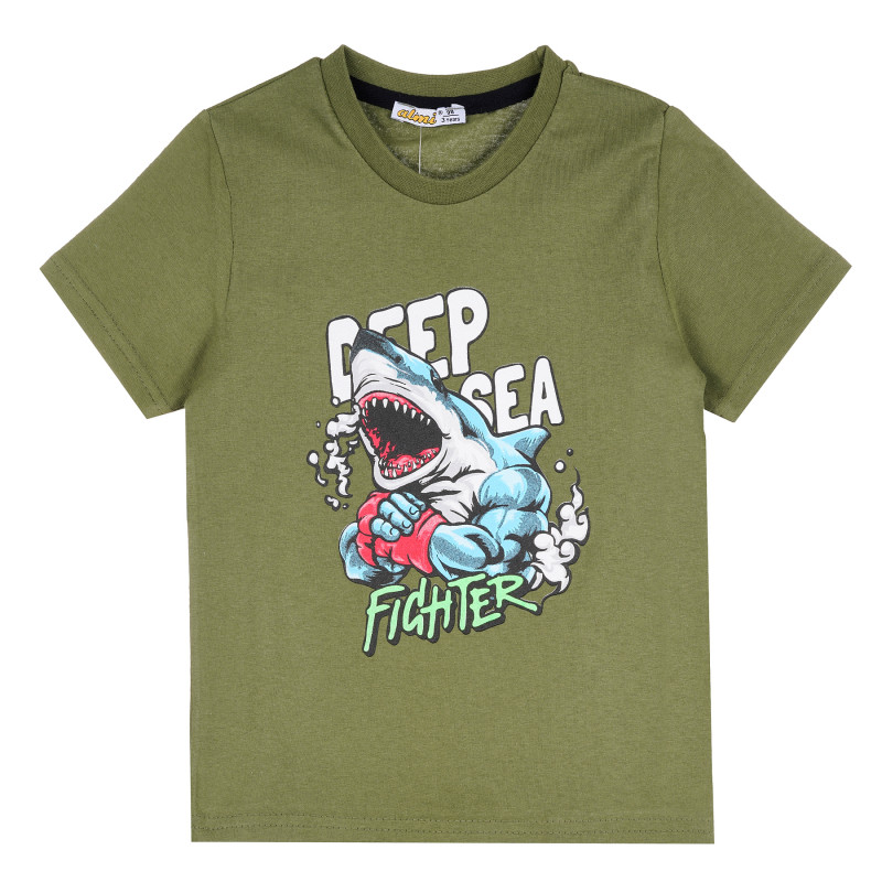 Тениска с акула за момче, тъмно зелена  382155