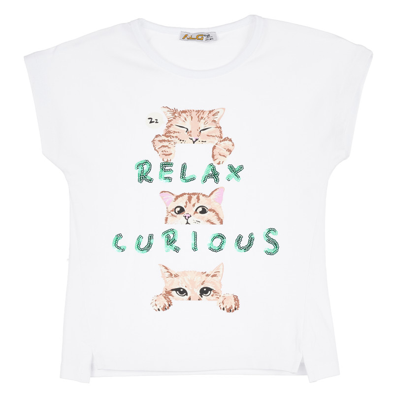 Памучна тениска с щампа на котета за момиче, бяла  382260