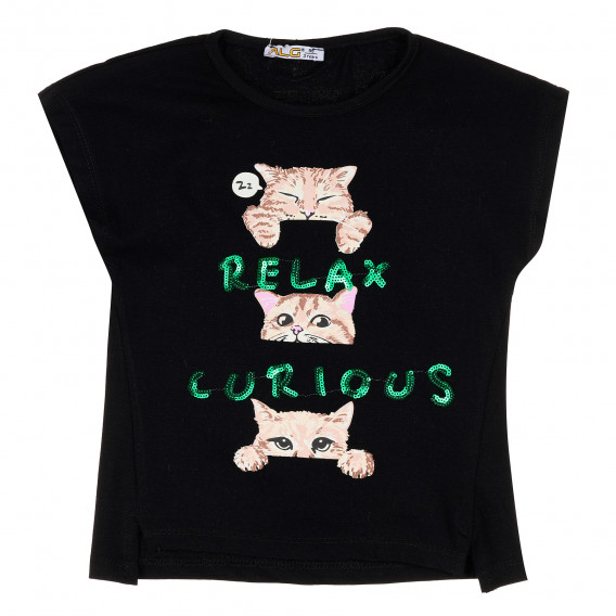 Памучна тениска с щампа на котета за момиче, черна ALG 382264 