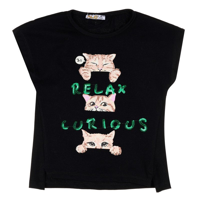 Памучна тениска с щампа на котета за момиче, черна  382264