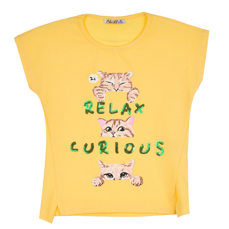 Памучна тениска с щампа на котета за момиче, жълта  382268