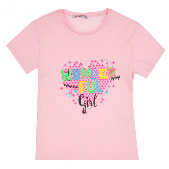 Памучна блуза с къс ръкав и весела брокатена щампа за момиче, розова ALG 382304 