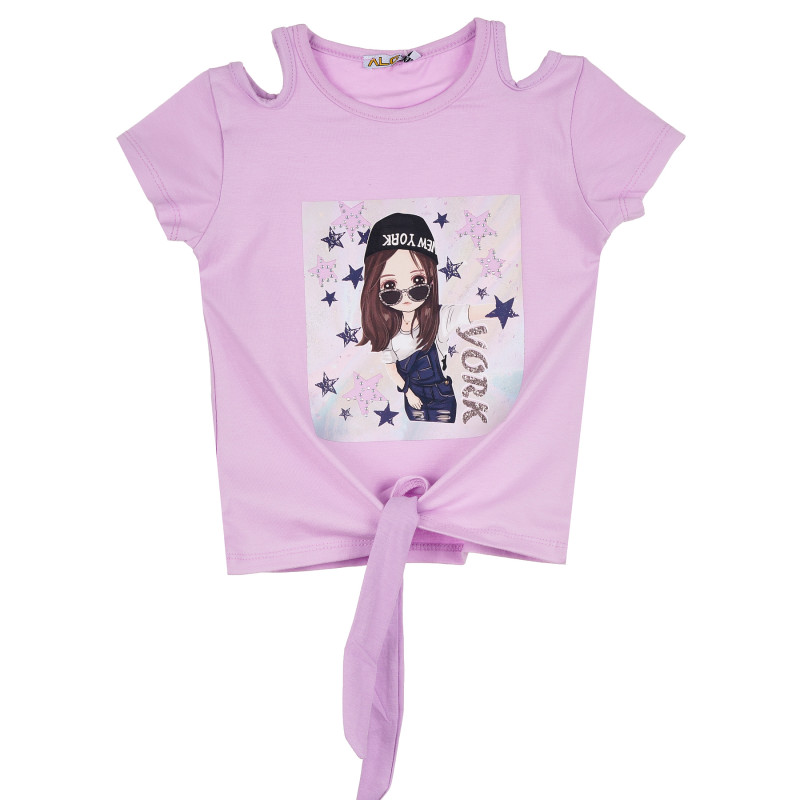 Памучна блуза с къс New York за момиче, лилава  382363