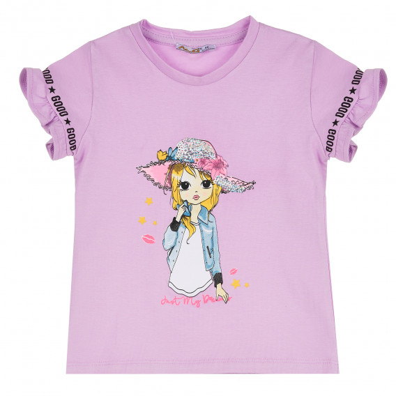 Памучна блуза с къс ръкав и романтична щампа за момиче, лилава ALG 382419 
