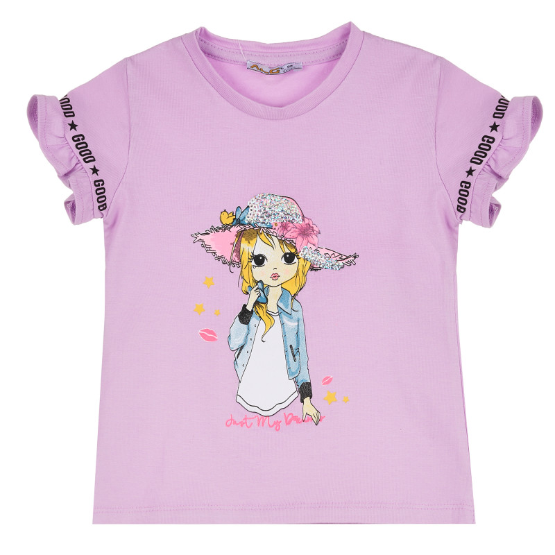 Памучна блуза с къс ръкав и романтична щампа за момиче, лилава  382419