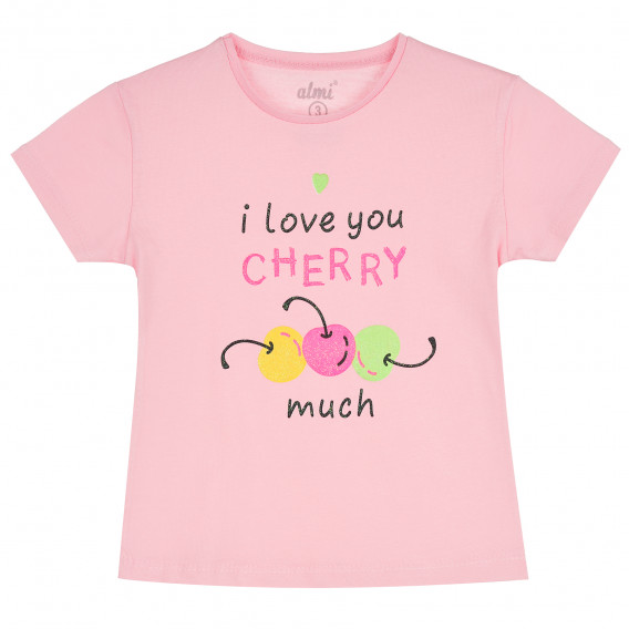 Памучна тениска с трицветни черешки за момиче, розова ALG 382427 
