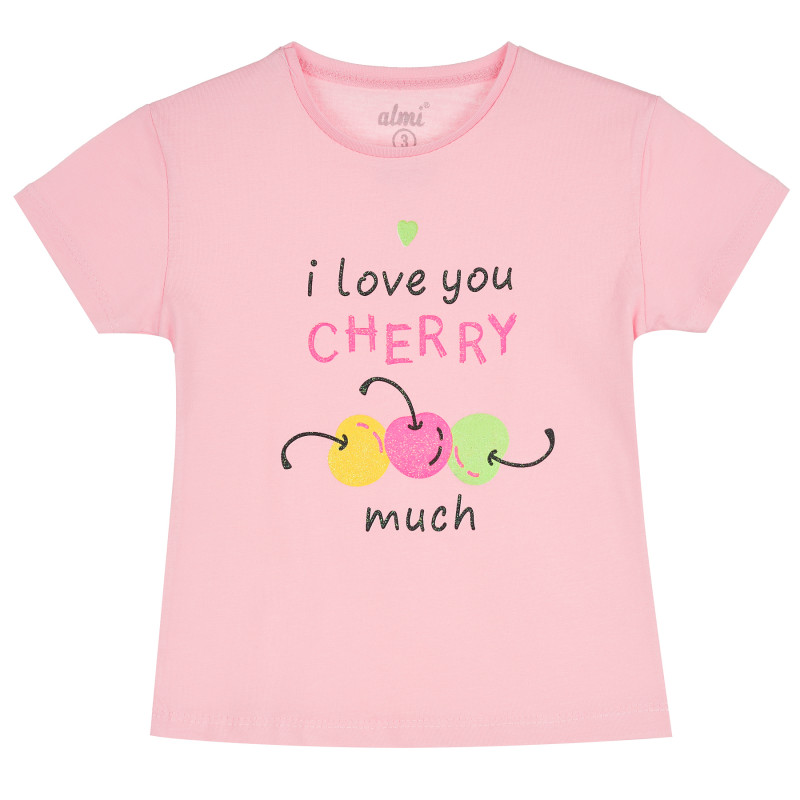 Памучна тениска с трицветни черешки за момиче, розова  382427