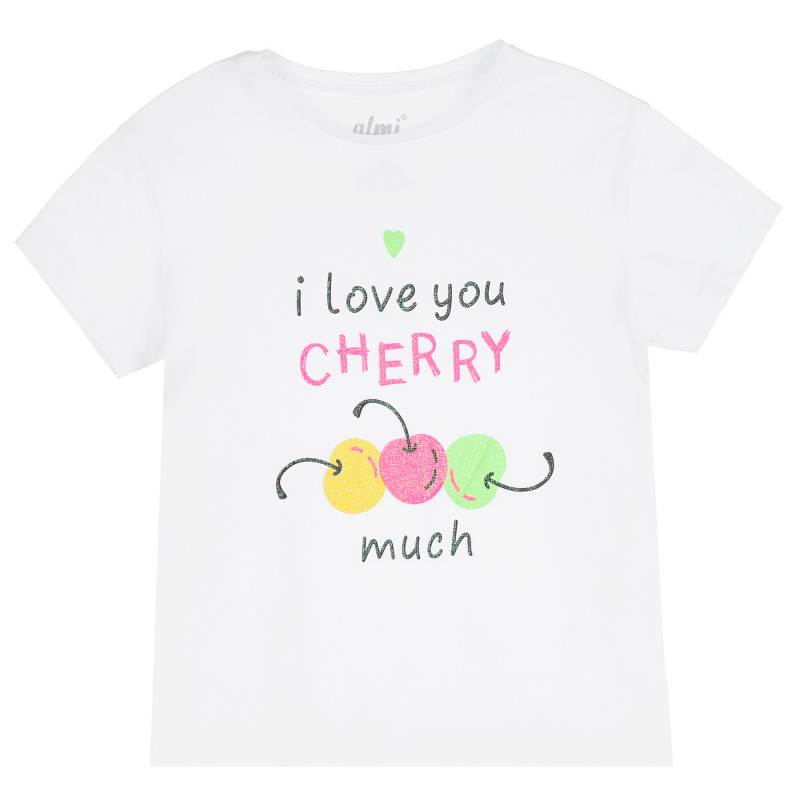 Памучна тениска с трицветни черешки за момиче, бяла  382431