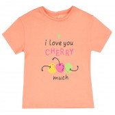 Памучна тениска с трицветни черешки за момиче, корал ALG 382435 