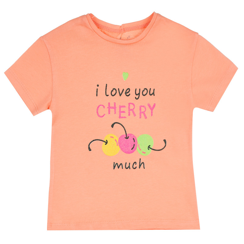 Памучна тениска с трицветни черешки за момиче, корал  382435
