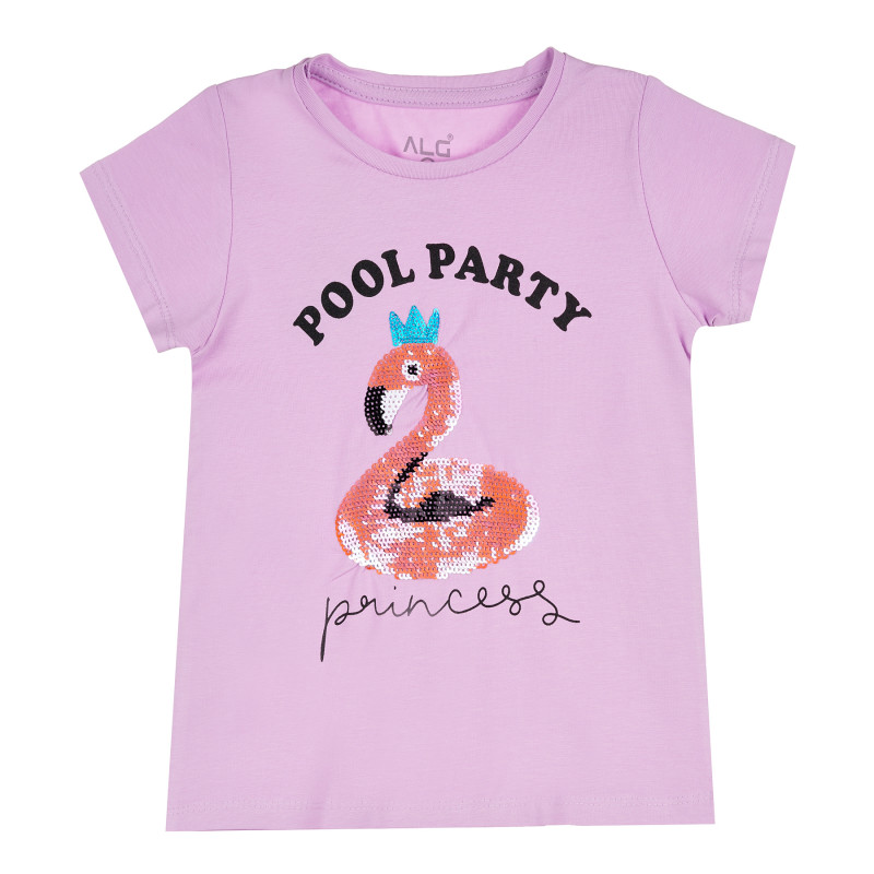 Памучна тениска с розово фламинго за момиче, лилава  382447