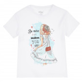 Памучна тениска с красива щампа за момиче, бяла ALG 382495 